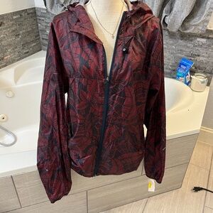 Women's Red Leaf-Print Hooded Bomber Jacket